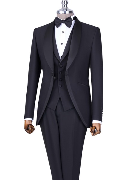 Italyan Stil Slim Fit Şal Yaka Ceket Yelek Pantolon Damatlık Set Siyah T13697 fırsatları