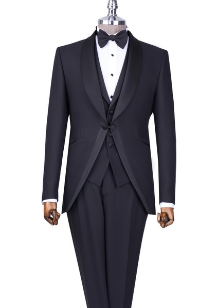 Italyan Stil Slim Fit Şal Yaka Ceket Yelek Pantolon Damatlık Set Siyah T13697 indirimleri