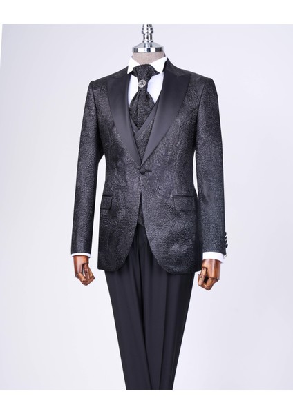 İtalyan kesim slim fit ceket yelek pantolon damatlık set siyah T12522
