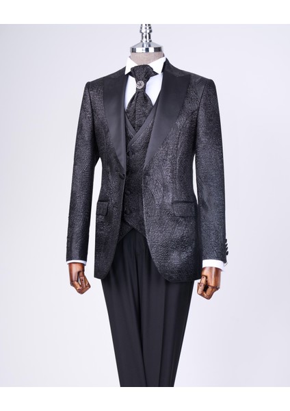 İtalyan kesim slim fit ceket yelek pantolon damatlık set siyah T12522 fırsatları