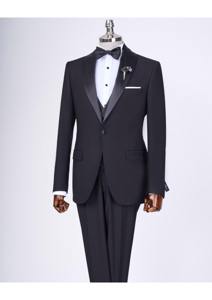 Italyan Stil Slim Fit Şal Yaka Ceket Yelek Pantolon Damatlık Set Siyah T12585