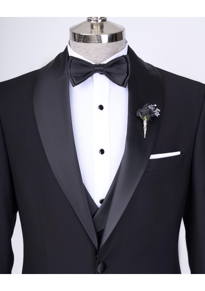 Italyan Stil Slim Fit Şal Yaka Ceket Yelek Pantolon Damatlık Set Siyah T12585 fiyatları
