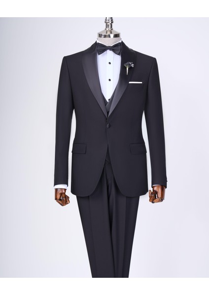 Italyan Stil Slim Fit Şal Yaka Ceket Yelek Pantolon Damatlık Set Siyah T12585 fırsatları