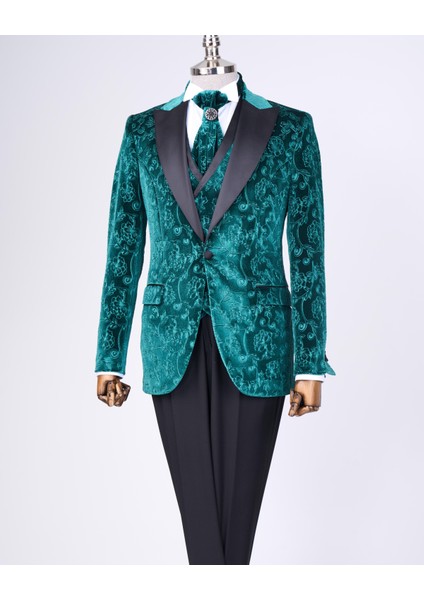 İtalyan kesim slim fit ceket yelek pantolon damatlık set yeşil T12520
