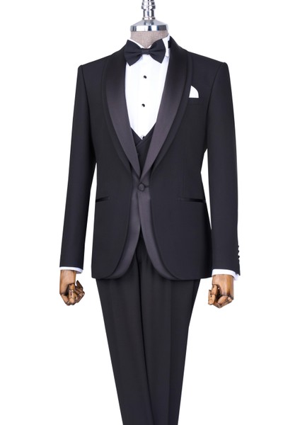 Italyan Stil Slim Fit Şal Yaka Ceket Yelek Pantolon Damatlık Set Siyah T13691