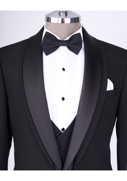 Italyan Stil Slim Fit Şal Yaka Ceket Yelek Pantolon Damatlık Set Siyah T13691 fiyatları