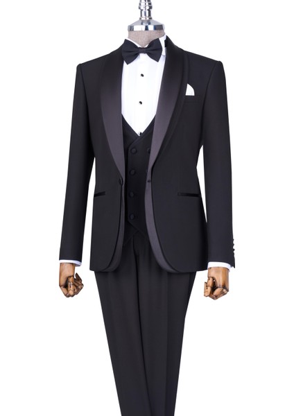 Italyan Stil Slim Fit Şal Yaka Ceket Yelek Pantolon Damatlık Set Siyah T13691 modelleri