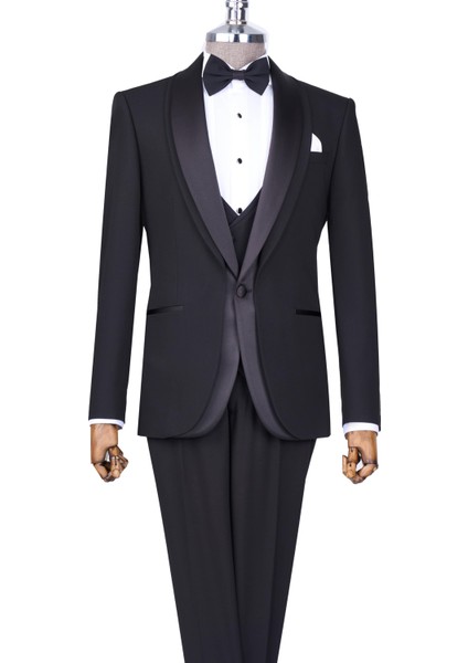 Italyan Stil Slim Fit Şal Yaka Ceket Yelek Pantolon Damatlık Set Siyah T13691 indirimleri