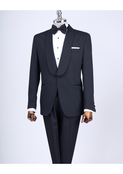 Italyan Kesim Slim Fit Şal Yaka Ceket Pantolon Damatlık Set Siyah T13634