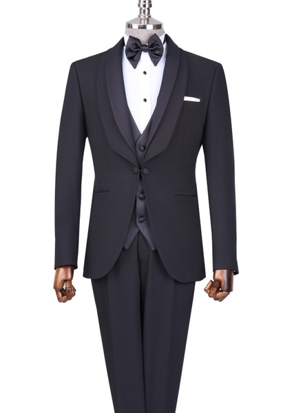 Italyan Stil Slim Fit Şal Yaka Ceket Yelek Pantolon Damatlık Set Siyah T13692 indirimleri
