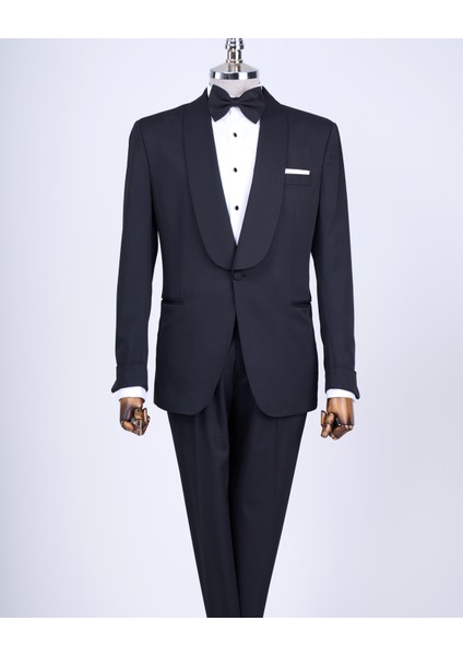 Italyan Kesim Slim Fit Şal Yaka Ceket Pantolon Damatlık Set Siyah T13634