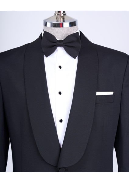 Italyan Kesim Slim Fit Şal Yaka Ceket Pantolon Damatlık Set Siyah T13634