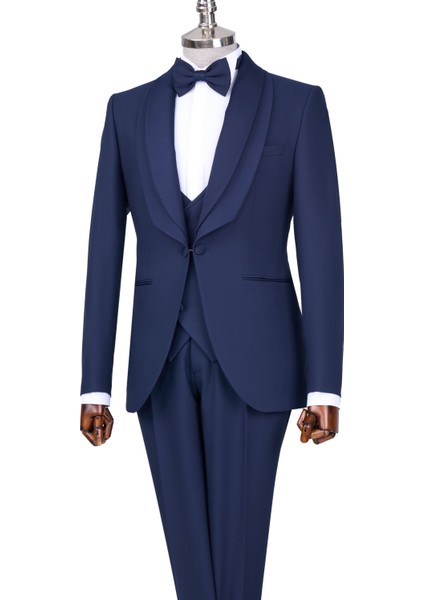 Italyan Stil Slim Fit Şal Yaka Ceket Yelek Pantolon Damatlık Set Lacivert T13693