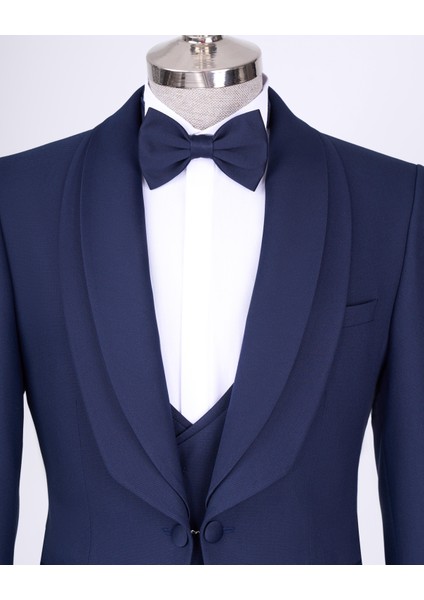 Italyan Stil Slim Fit Şal Yaka Ceket Yelek Pantolon Damatlık Set Lacivert T13693 fiyatları
