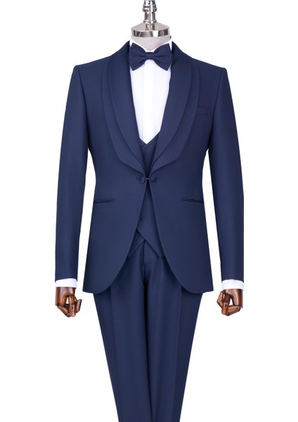 Italyan Stil Slim Fit Şal Yaka Ceket Yelek Pantolon Damatlık Set Lacivert T13693 fırsatları