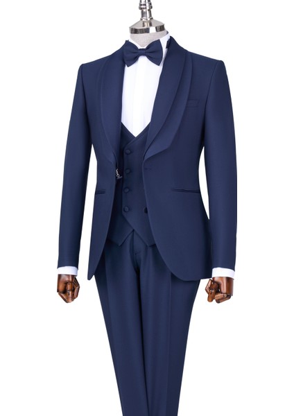 Italyan Stil Slim Fit Şal Yaka Ceket Yelek Pantolon Damatlık Set Lacivert T13693 indirimleri