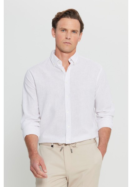 Pamuklu Keten Comfort Fit Rahat Kesim Düğmeli Yaka Çizgili Gömlek