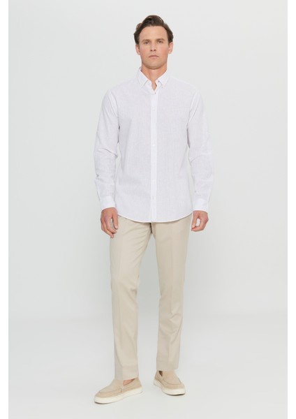 Pamuklu Keten Comfort Fit Rahat Kesim Düğmeli Yaka Çizgili Gömlek fiyatları