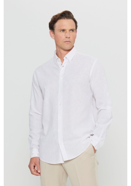 Pamuklu Keten Comfort Fit Rahat Kesim Düğmeli Yaka Çizgili Gömlek modelleri