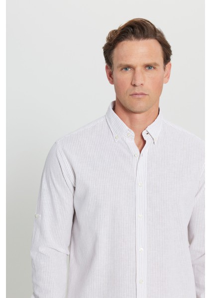 Pamuklu Keten Comfort Fit Rahat Kesim Düğmeli Yaka Çizgili Gömlek fırsatları