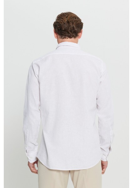 Pamuklu Keten Comfort Fit Rahat Kesim Düğmeli Yaka Çizgili Gömlek indirimleri