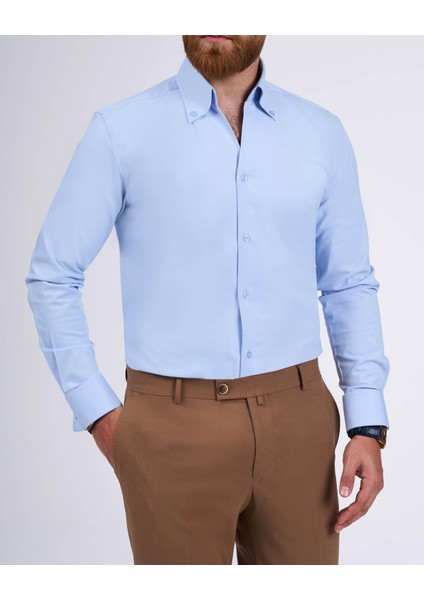 Italyan Stil Slim Fit Dik Yaka Duble Manşet Erkek Gömlek Mavi T11955