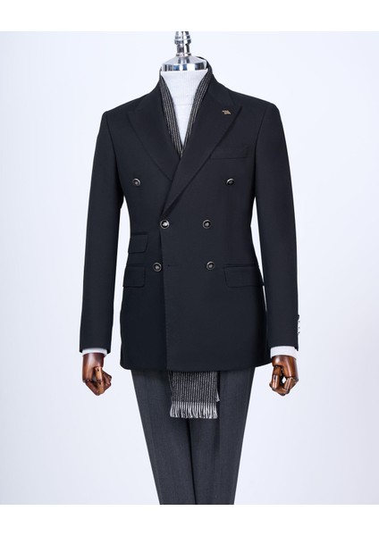 Italyan Stil Slim Fit Kruvaze Sivri Yaka Erkek Ceket Siyah T13290