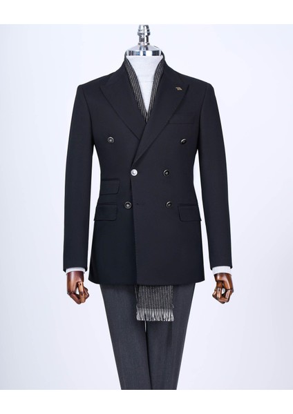 Italyan Stil Slim Fit Kruvaze Sivri Yaka Erkek Ceket Siyah T13290 fırsatları
