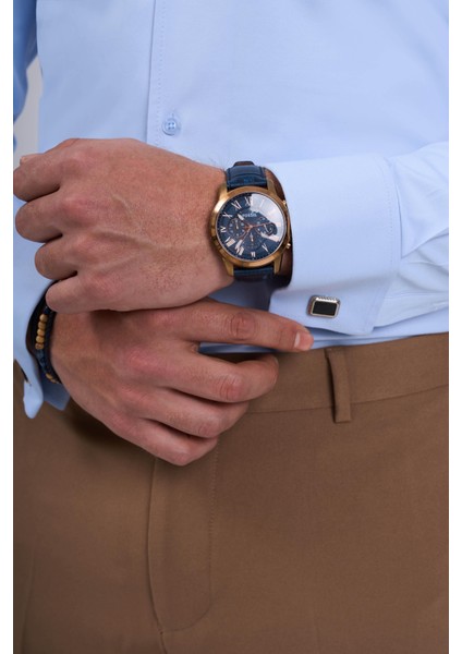 Italyan Stil Slim Fit Dik Yaka Duble Manşet Erkek Gömlek Mavi T11955