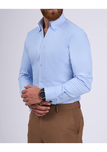 Italyan Stil Slim Fit Dik Yaka Duble Manşet Erkek Gömlek Mavi T11955