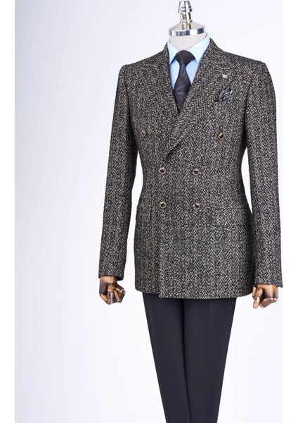 Italyan Stil Slim Fit 8 Drop Balıksırtı Desen Ceket Siyah T13440