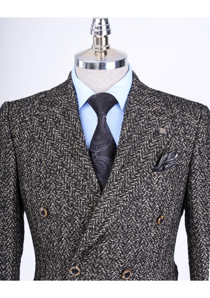 Italyan Stil Slim Fit 8 Drop Balıksırtı Desen Ceket Siyah T13440