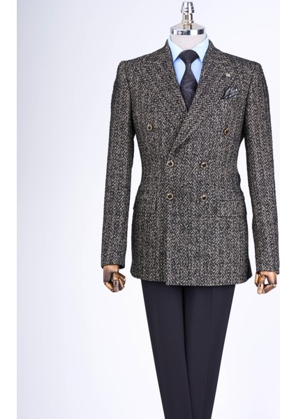 Italyan Stil Slim Fit 8 Drop Balıksırtı Desen Ceket Siyah T13440