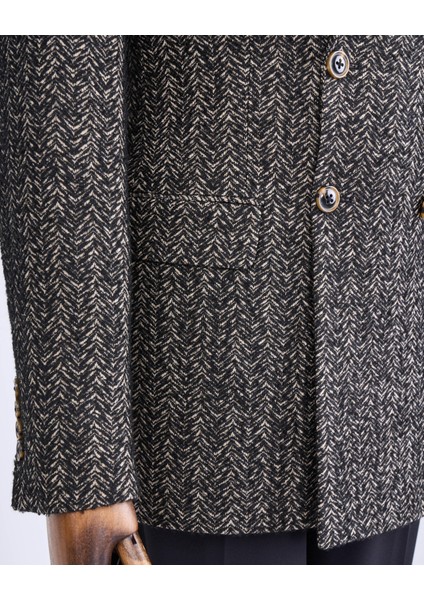 Italyan Stil Slim Fit 8 Drop Balıksırtı Desen Ceket Siyah T13440