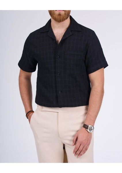 Italyan Stil Slim Fit Örme Dokulu Kısa Kollu Erkek Gömlek Siyah T13627