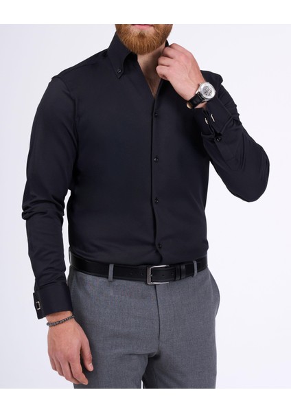 Italyan Stil Slim Fit Dik Yaka Duble Manşet Erkek Gömlek Siyah T11954