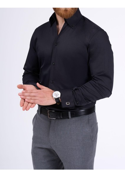 Italyan Stil Slim Fit Dik Yaka Duble Manşet Erkek Gömlek Siyah T11954 fırsatları