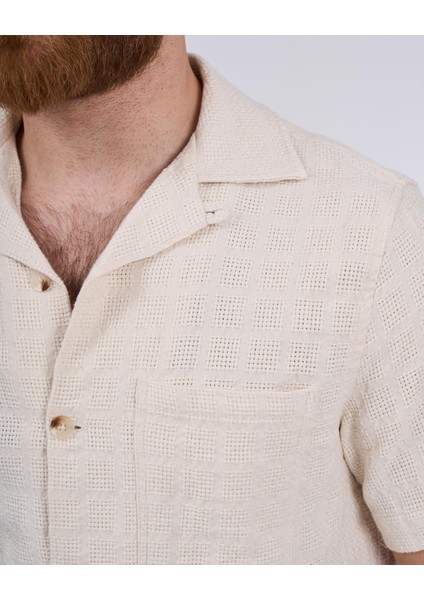 Italyan Stil Slim Fit Örme Dokulu Kısa Kollu Erkek Gömlek Ekru T13629