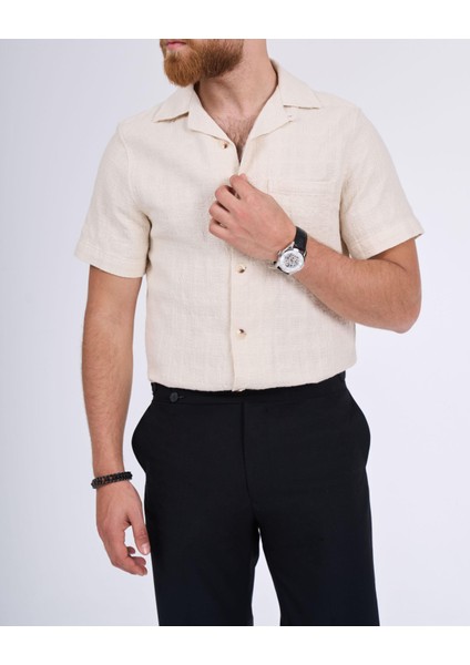 Italyan Stil Slim Fit Örme Dokulu Kısa Kollu Erkek Gömlek Ekru T13629
