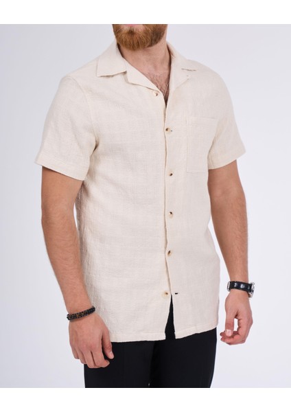 Italyan Stil Slim Fit Örme Dokulu Kısa Kollu Erkek Gömlek Ekru T13629