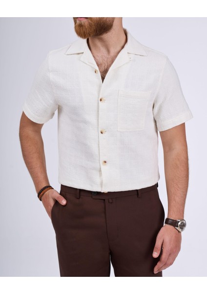Italyan Stil Slim Fit Örme Dokulu Kısa Kollu Erkek Gömlek Bej T13628