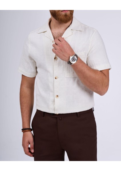 Italyan Stil Slim Fit Örme Dokulu Kısa Kollu Erkek Gömlek Bej T13628 fırsatları