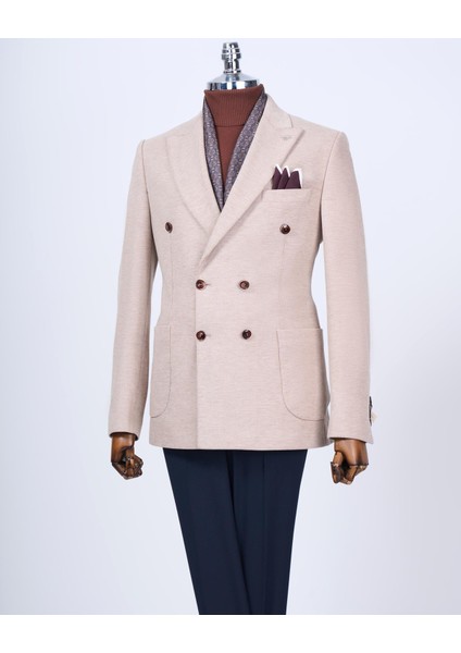 Italyan Stil Slim Fit Kravuze Erkek Tek Ceket Vizon T13335