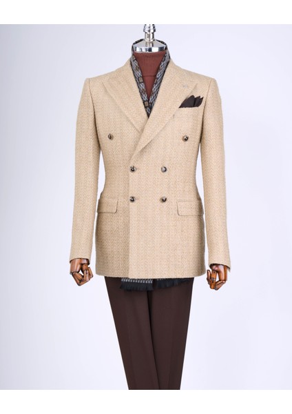 Italyan Stil Slim Fit 8 Drop Balıksırtı Desen Ceket Bej T13441 modelleri