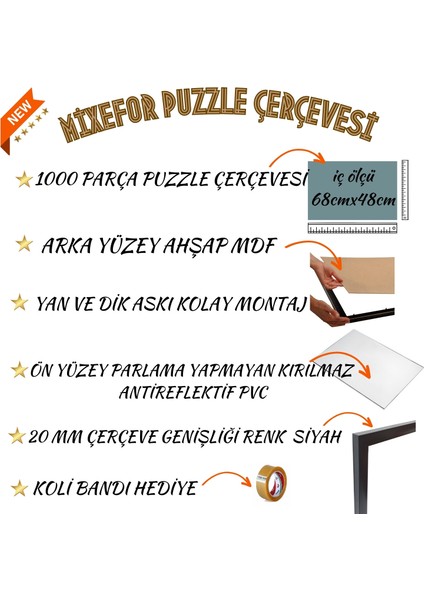 1000 Parça Puzzle Yapboz Çerçevesi Ölçü 68CM x 48CM Ön Yüzeyinde Parlama Yapmayan Pleksi -RENK SİYAH modelleri