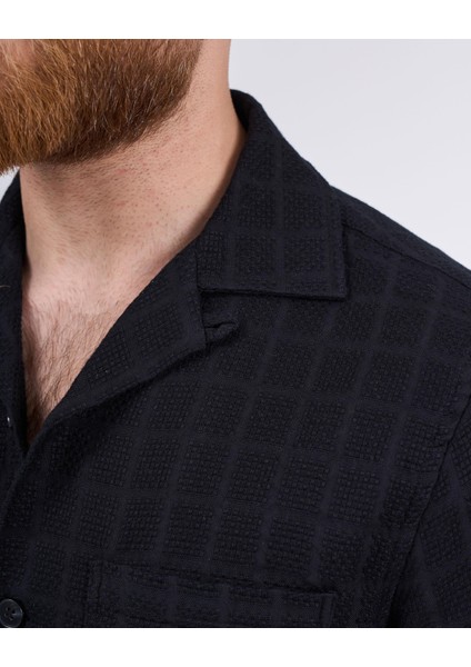 Italyan Stil Slim Fit Örme Dokulu Kısa Kollu Erkek Gömlek Siyah T13627