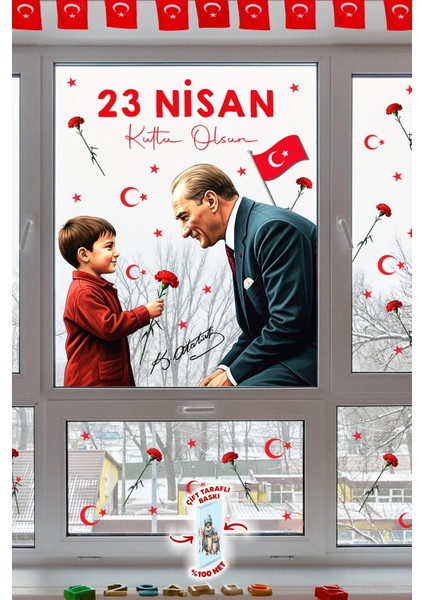 23 Nisan Temalı Bayraklı Çift Taraflı Baskılı Sticker Seti, Atatürk ve Çocuk Cam Sticker