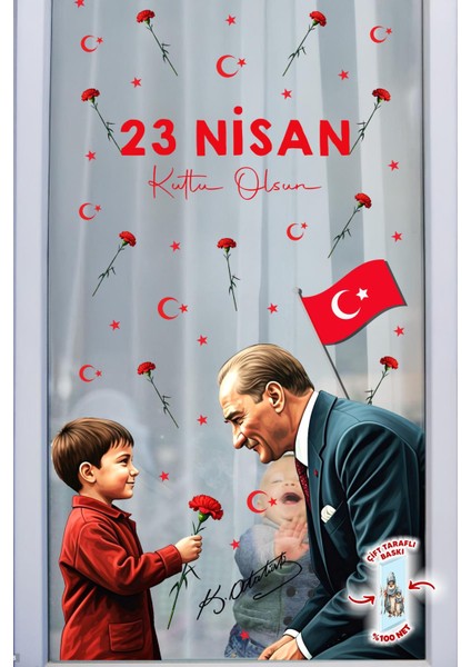 23 Nisan Temalı Bayraklı Çift Taraflı Baskılı Sticker Seti, Atatürk ve Çocuk Cam Sticker fiyatları