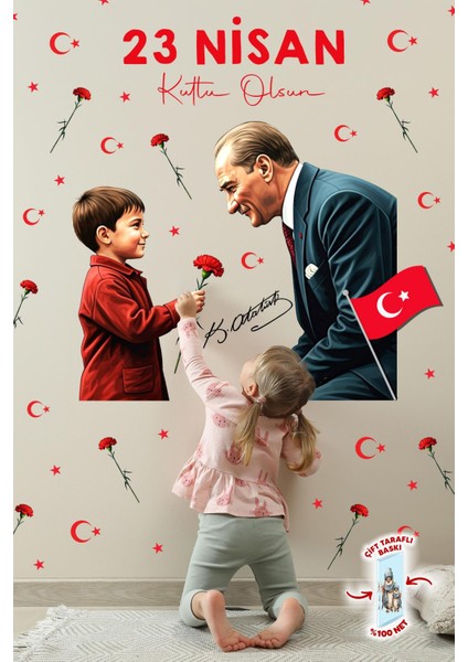 23 Nisan Temalı Bayraklı Çift Taraflı Baskılı Sticker Seti, Atatürk ve Çocuk Cam Sticker modelleri