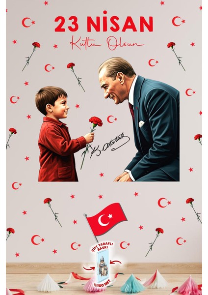 23 Nisan Temalı Bayraklı Çift Taraflı Baskılı Sticker Seti, Atatürk ve Çocuk Cam Sticker fırsatları